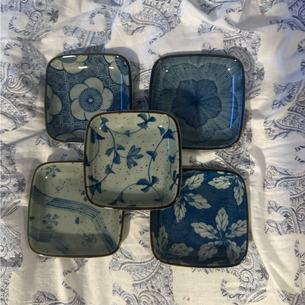 Set of Blue and White Square Ceramic Plates